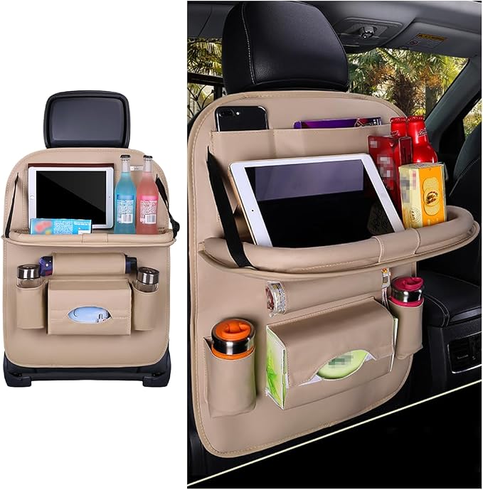 Leather Seat Back Organizer with Foldable Table Tray, Beige | kick-mat function, rear-seat protective surface, multifunctional use, fits most cars SUVs and trucks, interior item by Unknown