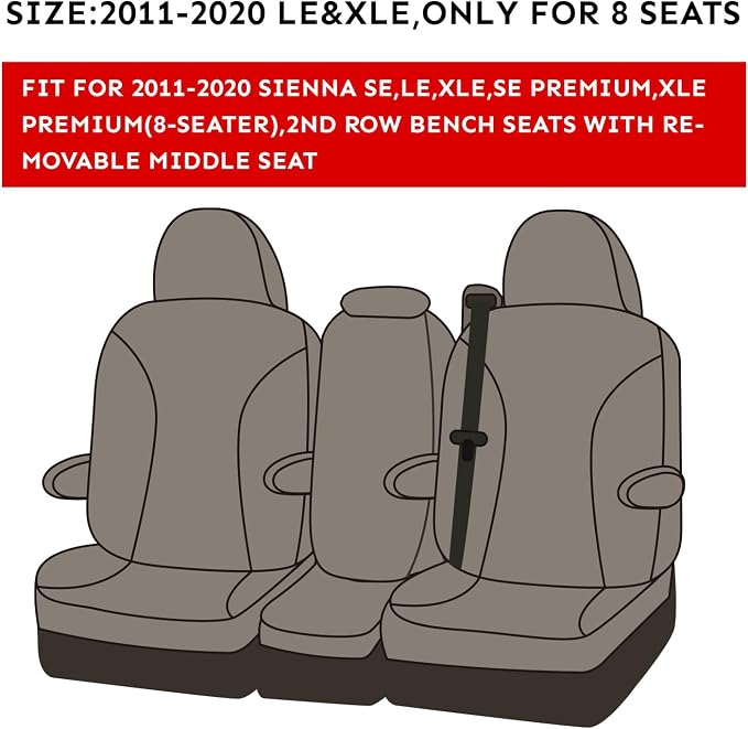 Sienna Car Seat Covers Custom Fit for 2011-2020 Toyota Sienna SE,LE,XLE,SE Premium,XLE Premium,8-Seater,Full Coverage,Airbag Compatible Polyester Auto Seat Protector (Full Set,Black) - Image 2