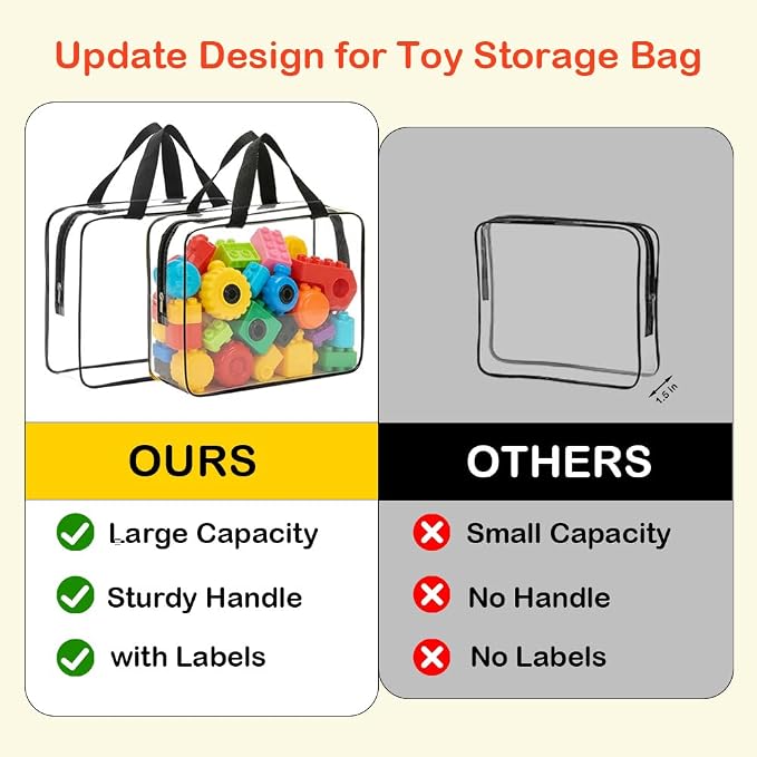6 Packs Extra Large Toy Storage Bags with Zipper, Clear Toy Organizer Bag | with Labels for Blocks, Reusable 11.8″×8.6″×3.9″ Travel Waterproof Organizer Bags for Puzzles, PVC Plastic Toy Container - Image 4