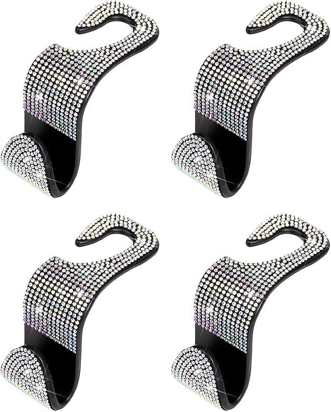 4PCS Bling Car Seat Headrest Hooks, Crystal Rhinestone Vehicle Back Seat Hanger Holder, Auto Interior Headrest Hanging Storage Organizer for Purse Handbag Coat, Universal Fit (AB Color) - Image 7
