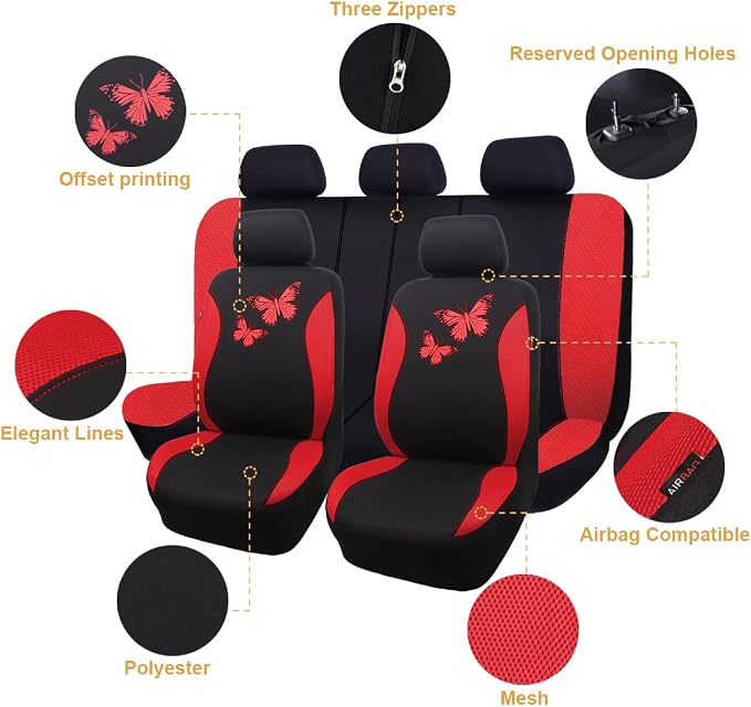 Flying Banner Butterfly car seat Covers ful Set Fashion Universal Lady Woman Female Rear Bench Split Colorized (Full Set, Red) - Image 2