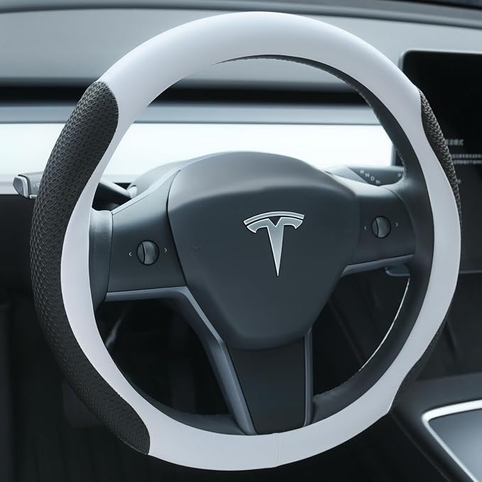 Uxcer Nappa Leather Steering Wheel Cover Compatible with Tesla Model 3/Y 2016-2025 2026 Juniper/Highland, Non-Slip Breathable Tesla Model 3/Y Steering Wheel Protector, White by Uxcer