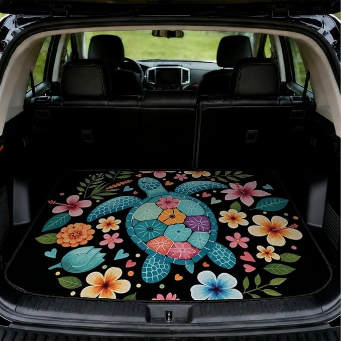 Car Trunk Mat for SUV, 31"x47" Colorful Floral Turtle Cargo Liner Protector | All Weather Universal Cargo Liners for Dogs, Car Accessory for SUVs/Sedan/Wagons, Durable Non-Slip Washable Rear Cargo Mat by Unknown