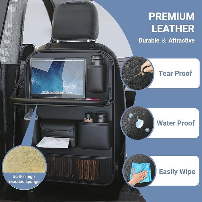 2 Pack Leather Car Backseat Organizer with Foldable Table Tray, Car Seat Back Protector Kick Mats with Tablet Holder, Travel Accessories Storage Organizer - Image 4