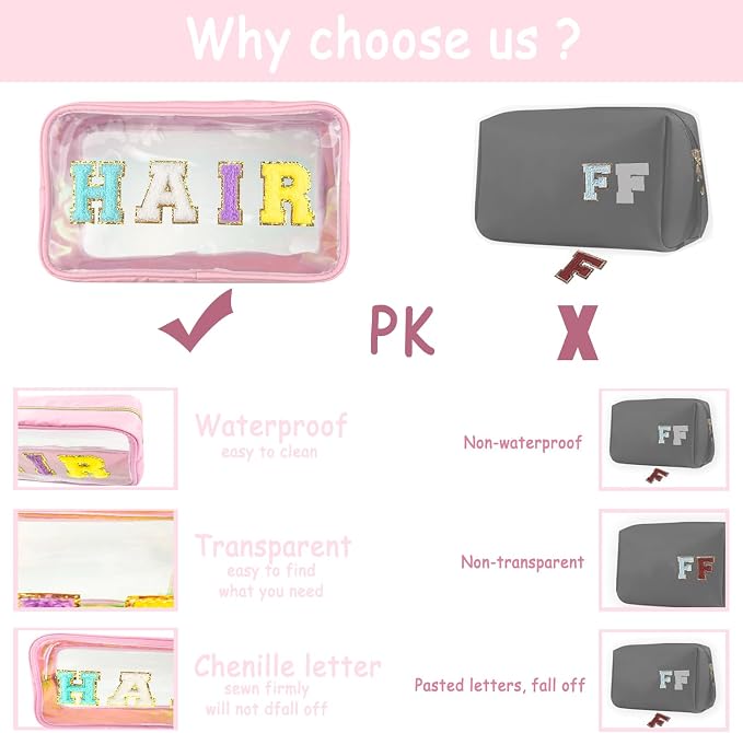 Bunliuys Chenille Letter Clear Makeup Bag Meds Patch, Travel Toiletry Makeup Bag with Handle, Nylon Waterproof Makeup Bags clear cosmetic bag, preppy patch makeup bag for Women (MEDS-Pink) - Image 4