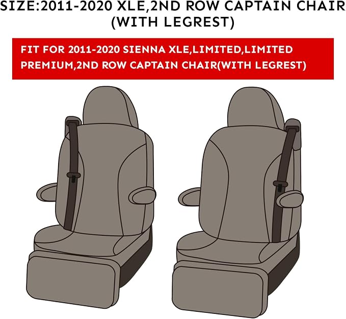 Sienna Car Seat Covers Custom Fit for 2011-2020 Toyota Sienna XLE,Limited,Limited Premium,2nd Row Captain Seats w/Foot Rest,Full Coverage Polyester Seat Protector (Full Set,Gray) - Image 2