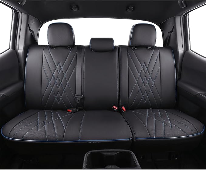 EKR Custom Fit Tacoma Rear Car Seat Covers for Toyota Tacoma (Petrol) 2024 2025 2026 Double cab SR/SR5/TRD Sport/TRD Off-Road/Limited - Second Row Only,Faux Leather(Black with Blue Trim) - Image 5