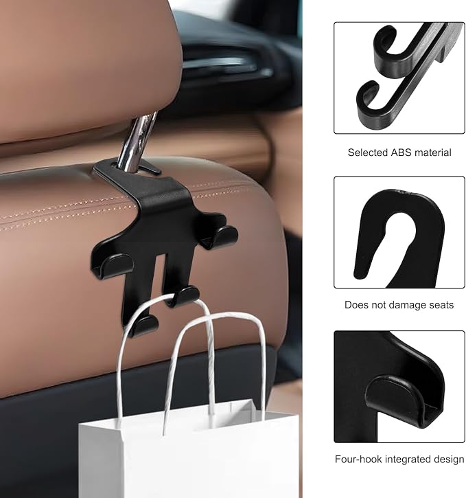 Car Seat Headrest Hooks, 4-in-1 Sturdy Car Seat Back Hanger Multifunctional Hanging Holder, Heavy Duty Auto Storage Hook Organizer for Handbags Purses Coats Grocery Bags - Image 3