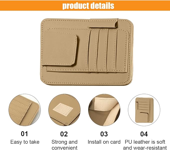 GLSOWEE Leather Car Sun Visor Organizer Clip with Sunglasses Holder, Beige | Universal Car Truck Visor Document Holder, Auto Visor Pocket Storage Pouch for Bill Card Registration/Driving License Pen - Image 4