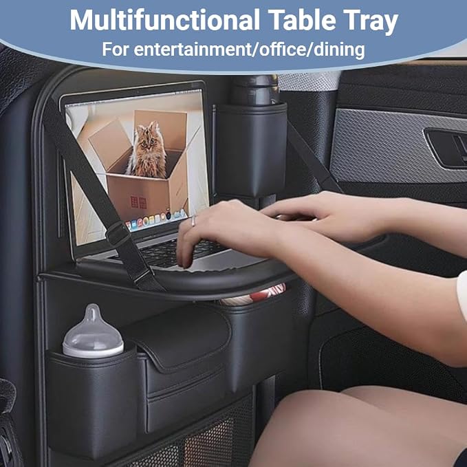 2 Pack Leather Car Backseat Organizer with Foldable Table Tray, Car Seat Back Protector Kick Mats with Tablet Holder, Travel Accessories Storage Organizer - Image 5