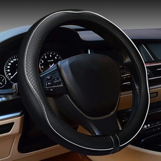 Car Steering Wheel Cover, Anti-Slip, Safety, Soft, Breathable, Heavy Duty, Thick, Full Surround, Sports Style (Black with White Line) by Rsept