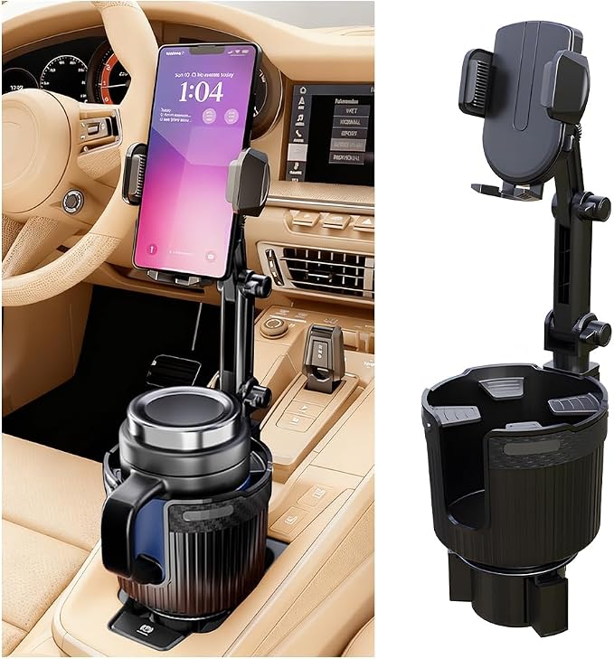Car Cup Holder Phone Mount, 2 in 1 360° Rotation Long Arm Vehicle Cup Cell Phone Holder Expander with Adjustable Base, Automotive Drink Bottles Smartphones Stand, Universal Fit (Black) by Ywdiml