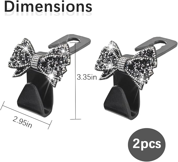 Zpana Bling Car Headreat Hook, 2PCS Crystal Rhinestone Cute Bow Vehicle Seat Back Hanger Storage for Purses Bags Grocery, Diamond Auto Rear Seat Organizer, Universal for SUV Truck Sedan (Black) | PVC construction, rhinestone bow design, compact rear se... - Image 2