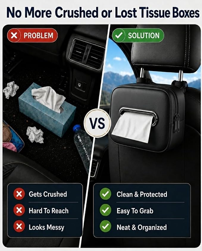 Leather Car Tissue Holder, Extra Large Tissue Holder for Car, Fits 120–230 Count Rectangular Tissue Boxes, Wider Opening for Easy Access, Dual Zipper for Headrest,Console,Seat Back (Black) - Image 3