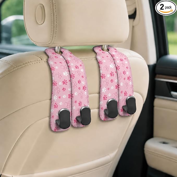 Cute Pink Paw Car Seat Back Storage Headrest Hooks for Purses & Bags – 2PCS PU Leather Dual Metal Hooks, Backseat Organizer Accessories by Unknown