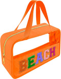 Bunliuys Chenille Letter Clear Makeup Bag Beach Patch, Travel Toiletry Makeup Bag with Handle, Nylon Waterproof Makeup Bags clear cosmetic bag, preppy patch makeup bag for Women (BEACH-Orange) by Bunliuys