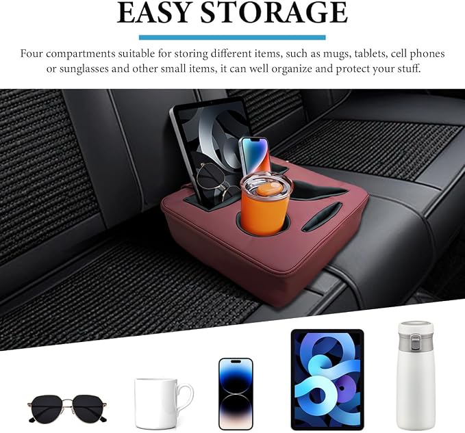 Car Back Seat Organizer, Leather Automotive Rear Seat Couch Cup Holder Expander Tray, Vehicle Cup Holder Tray Holds Snacks Remotes Phones for Truck RV Boat Couch Pillow Bed (Wine Red) - Image 5