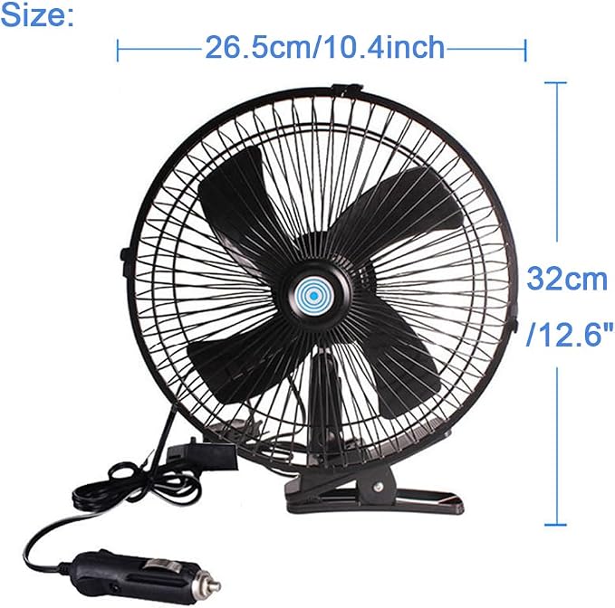 CYDZSW 12v Clip Fan for Car,10 inch Portable 90° Rotation Oscillating 12 Volt DC Desk Fan,2 Speed Car Fans that Blow Cold Air,360° Adjustment Clip on Fans for RV,Truck,SUV and Vehicles(Black) - Image 2