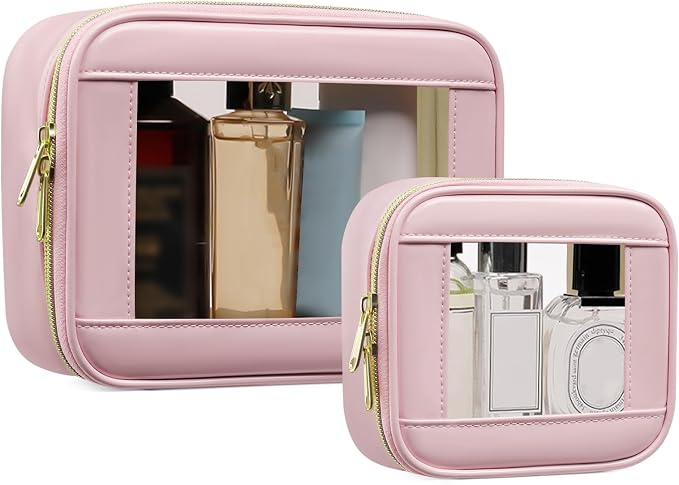 2-Piece Leather Clear Makeup Bags Set - Waterproof Clear Cosmetic Bag Case with Zipper, Transparent TSA Approved Toiletry Bag for Travel, Car Accessories for Women (Pink-2, Mini+Medium) by JRQCSJY
