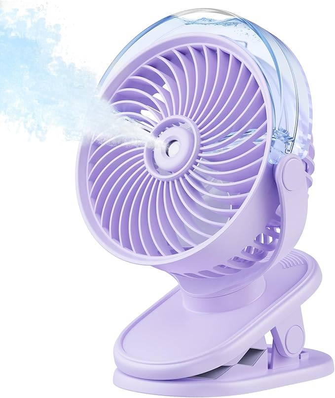 SWEETFULL Portable Misting Clip On Fan, USB-C Rechargeable Mini Personal Cooling Fan with 4 Speeds, 360° Rotatable, Quiet Cooling for Outdoor, Camping, Golf Cart, Travel, Stroller & Desk (Purple) by SWEETFULL