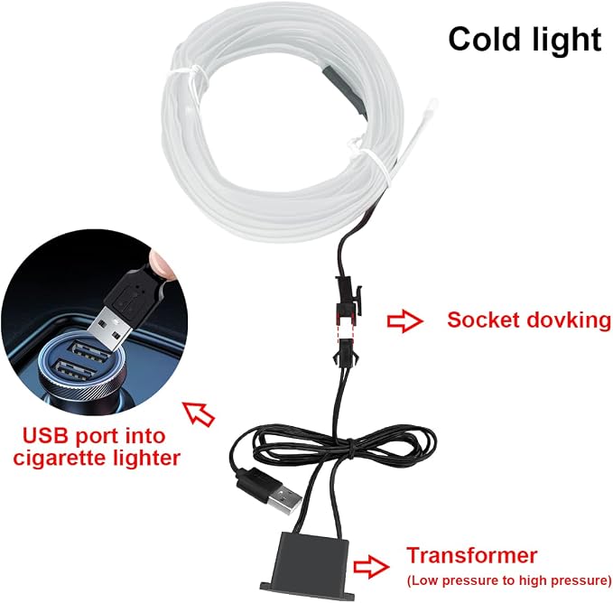 10FT EL Wire Strip Lights, USB Car Neon Trim, Sewing Edge, Ice Blue | USB-powered operation, sewing-edge design, fuse protection, interior ambient lighting use, cut-to-length construction - Image 2