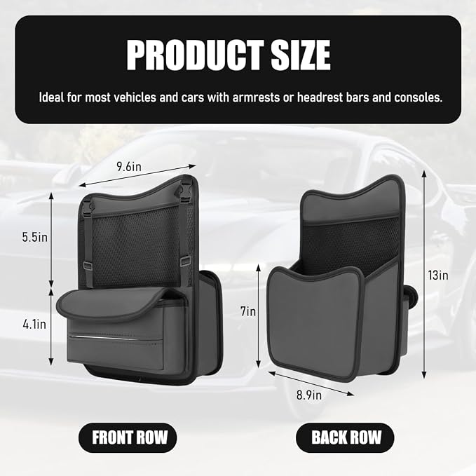 Car Organizer Storage Between Seats, Nappa Leather Front Seat Storage Bag with Tissue Holder, Automotive Console Hanging Net Pocket Handbag Holder for Phone Document (Gray) - Image 2