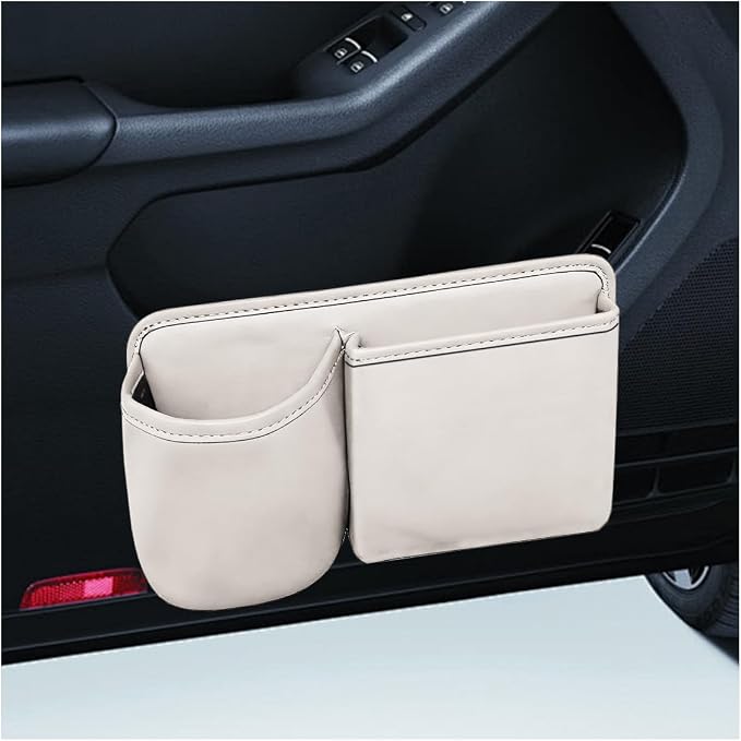 Car Side Door Organizer, Leather Auto Back Seat Storage Pouch with Cup Holder, Car Console Side Trash Can, Universal Vehicle Interior Organizer Pocket for Phone, Coin, Sunglasses (White) by Unknown