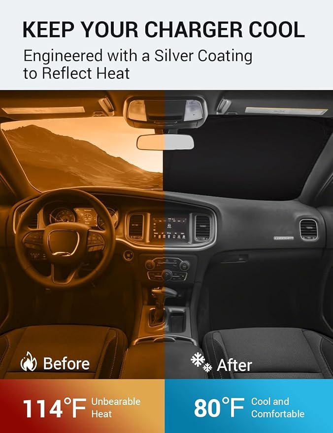 Proadsy Custom Fit Car Windshield Sun Shade for 2011-2023 Dodge Charger | 240T Heat Shield, Drops Temp 54°F, Blocks 99% UV, Prevents Dashboard Cracking, Summer Parking & Beach Trips, Easy Twist-Fold - Image 3