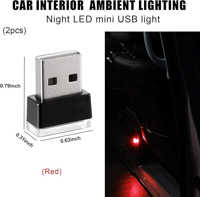 2 PCS USB LED Car Interior Atmosphere Lamp, Portable Mini LED Night Light, Plug-in USB Interface Trunk Ambient Lighting Kit, Universal Interior Car Accessories (Red) - Image 2