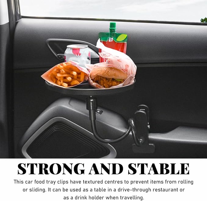 povtii Car Adjustable Food Tray, 360 Swivel Car Food Tray, 8.7 Inch Diameter, Non-Slip Clip Type Snack Tray, Black - Image 4