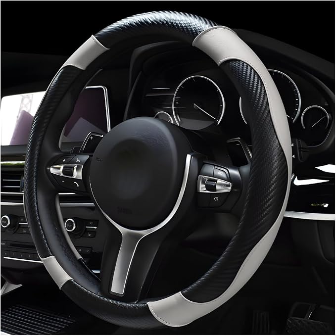 DXNQ Car Steering Wheel Cover, 15 Inch Carbon Fiber Leather Stitching Color Steering Wheel Protector, Anti-Slip Elastic Breathable Steering Wheel Cover Stylish Decor for Most Cars (Black & White) by DXNQ