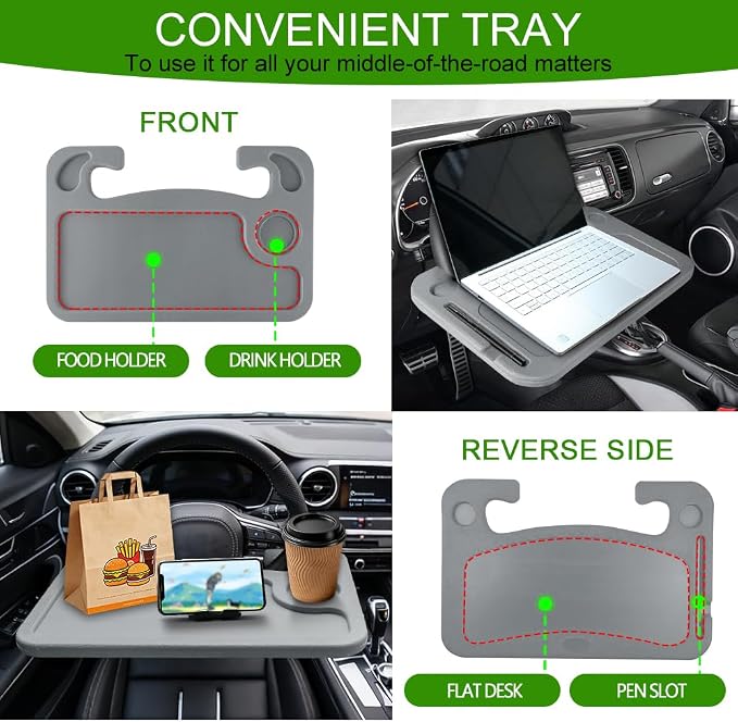 Car Steering Wheel Desk, Portable Car Tray, Durable Multi-Functional Travel Workstation with Cup Holder, Car Essentials Portable Laptop Tray & Eating Table for Most Vehicles Road Trip (Grey) - Image 4