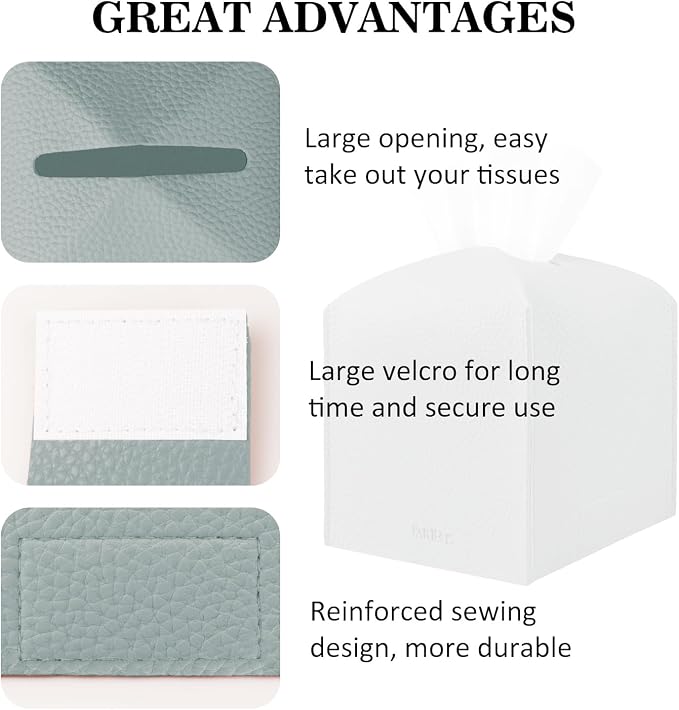 Tissue Box Cover Holder Square Tissue Cube Cover PU Leather Tissue Organizer with Bottom Belt for Bathroom, Tabletop, Car, Night Stands, Office, Home, Kitchen (2, Blue) - Image 4