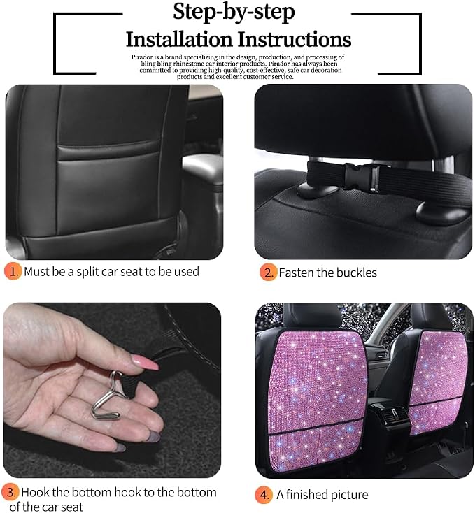 Bling Kick Mats for Car Seats with Pockets – Crystal Diamond Protectors for Girls & Women, Easy-to-Install Backseat Kick Mats with Storage & Sparkling Rhinestones Pink 2pcs - Image 5