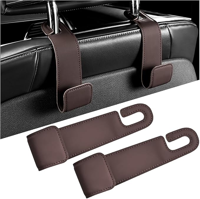 2PCS Car Seat Headrest Hook, Leather Vehicle Seatback Organizer Hanger for Hanging Purses Bags Coats, Auto Seat Back Storage Hook Accessories, Universal for SUV, Sedan, Truck (Brown) by KHGUZ