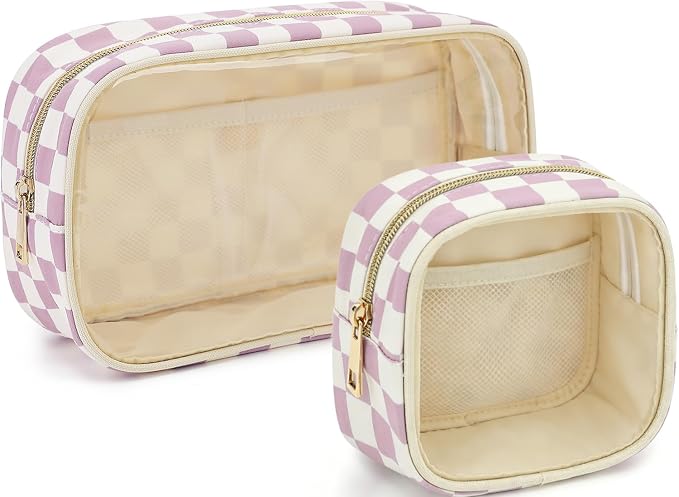 Fammart Clear Travel Makeup Bag for Women, TSA Approved Checkered Cosmetic Bag Make Up Car Organizer Case with Zipper, Large Waterproof Pouch Purse Toiletry Bag for Skincare, Brushes Travel Essentials by Fammart