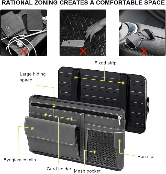 Car Sun Visor Organizer, Leather Sun Visor Pocket Organizer Case with Multi-Pocket Net Zipper, Suede Note Holder Car Visor Storage Pouch for Card Pen Sunglasses Document (Black) - Image 4