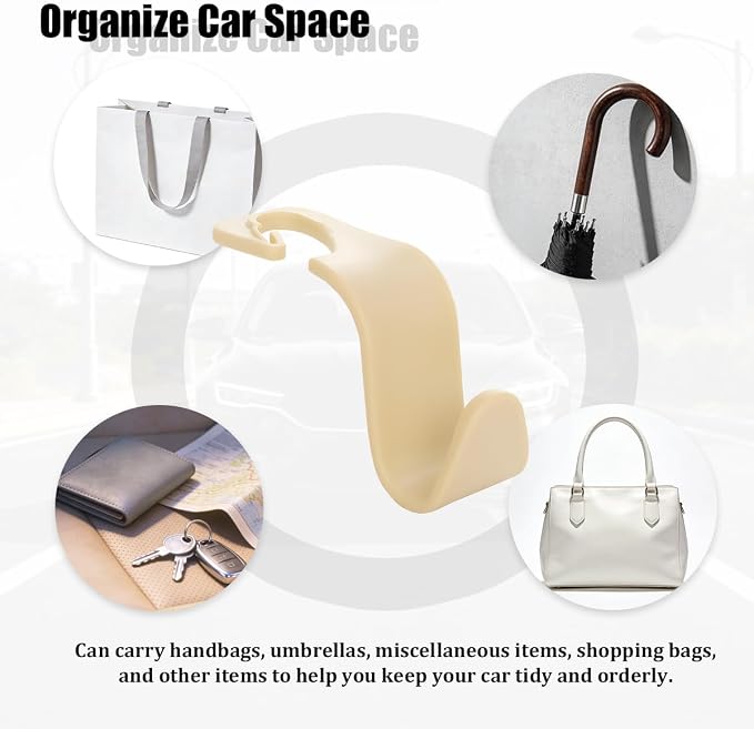Car Seat Headrest Hook, 4PCS Vehicle Seat Back Hanger Storage Organizer for Handbag Purse Coat, Auto Interior Headrest Hook, Universal for SUV Automobile Truck (Beige) - Image 5