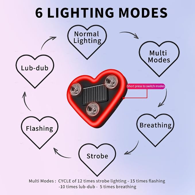 LED Solar Heart Light for Car Window Lights Interior Neon Ambient Lighting Car Accessories for Women Girl Girly Cute Decor Accessory, Smart Light Vibration Sensor, Red, 2 Pack - Image 3