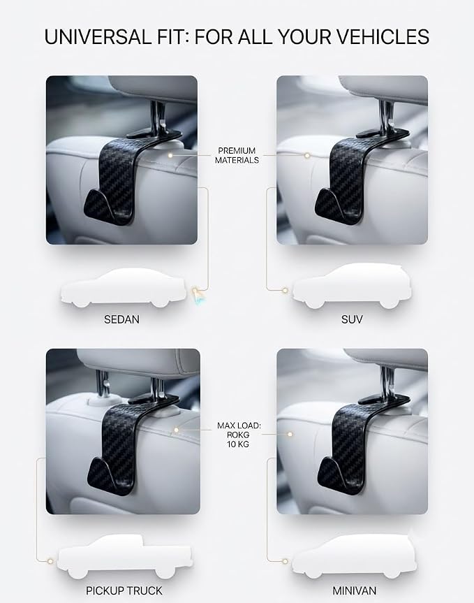 Carbon Fiber Car Seat Headrest Hooks, 4 Pack Car Back Seat Organizer Hooks for Handbags, Purses, Groceries, Coats and Accessories, Universal Vehicle Storage Hanger Hooks for Cars, SUVs and Trucks - Image 5