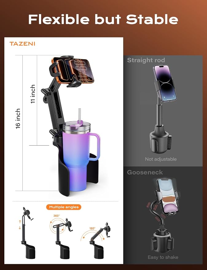 TAZENI 2-in-1 Cup Phone Holder for Car, with 2 Sizes Hollow Bases | Holds Phone & Bottle Together, Height Adjustable, Hands-free Viewing, Universal Fit, Fit 4.7-7 inches iPhone, Phones Android - Image 7