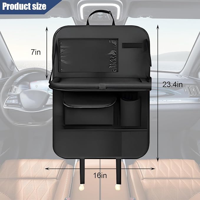 Car Backseat Organizer with Foldable Table Tray, 6 Storage Pocket Vehicle Seat Back Protector Kick Mat with Touch Screen Phone Holder, Auto Seat Organizer for Travel, Universal Fit (Black) - Image 2