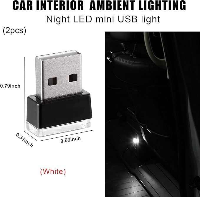 2 PCS USB LED Car Interior Atmosphere Lamp, Portable Mini LED Night Light, Plug-in USB Interface Trunk Ambient Lighting Kit, Universal Interior Car Accessories (White) - Image 2