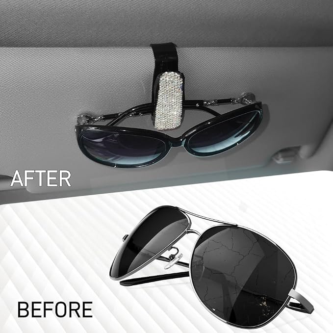 2PCS Bling Rhinestone Car Sun Visor Glasses Holders with Anti-Scratch Sponge, Sunglass Holder for Car, Ticket Card Clip Sunglasses Mount, Auto Eyeglass Hanger Clip for Women Girls (White) - Image 6