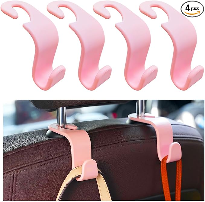 povtii 4PCS Car Seat Headrest Hook, Auto Back Seat Hanging Storage Organizer, Vehicle Seatback Hanger Holder for Purse Handbag Coat Umbrella, Universal Interior Car Accessories (Light Pink) by povtii