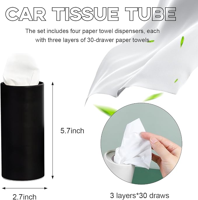 4 PCS Car Tissue Holder, Travel Tissues Packs Round Paper Napkins Container with Papers Inside, Paper Towel Cylinder Fits Automotive Cup Holder, Interior Car Accessories (Black) - Image 2