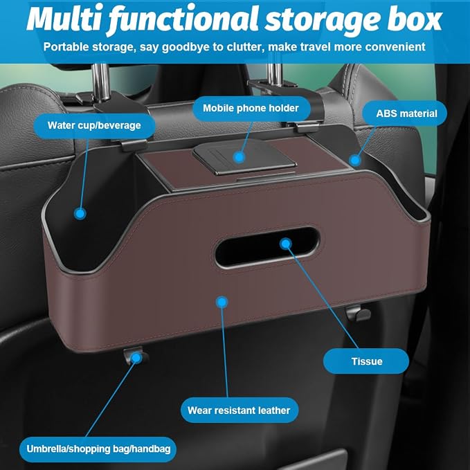 Zipelo Car Headrest Backseat Organizer with Cup Holder, Multi-Functional Vehicle Seat Back Hanging Storage Box with Hooks, Auto Drink Snack Phone Tray Travel Accessories for Kids Adults (Brown) - Image 3