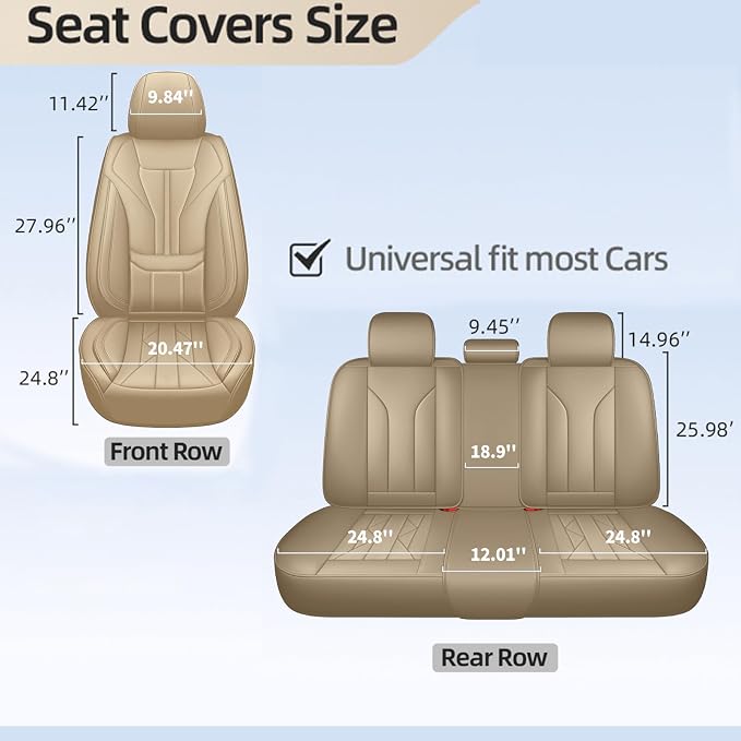 HChengkikz Car Seat Covers Full Set, Full-Wrap Faux Leather (Beige) | Universal Fit for SUV Truck Pickup Sedan, Waterproof with Memory Foam Lumbar Support, Airbag Compatible - Image 8