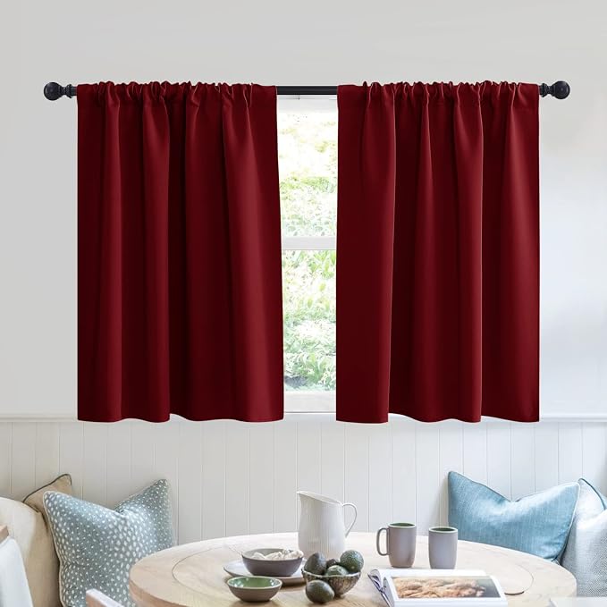 RYB HOME Short Blackout Privacy Curtains 30 inch Long for Bathroom Window | Thermal Insulated,Heat Blocking,Rod Pocket,Half Window Curtain Tiers for Nursery Bedroom,W42 x L30,Burgundy Red,2 Panels by RYBHOME