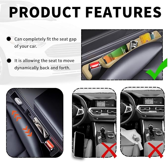 Stacool 2PCS New Car Seat Gap Filler with 2 Storage Areas,Stylish Car Seat Gap Storage for Stabilizing Phone,Keys Wallet,Universal Car Seat Gap Filler Organizer (Carbon Beige) - Image 5